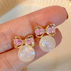 Faux Pearl and Bowknot Stud Earrings
